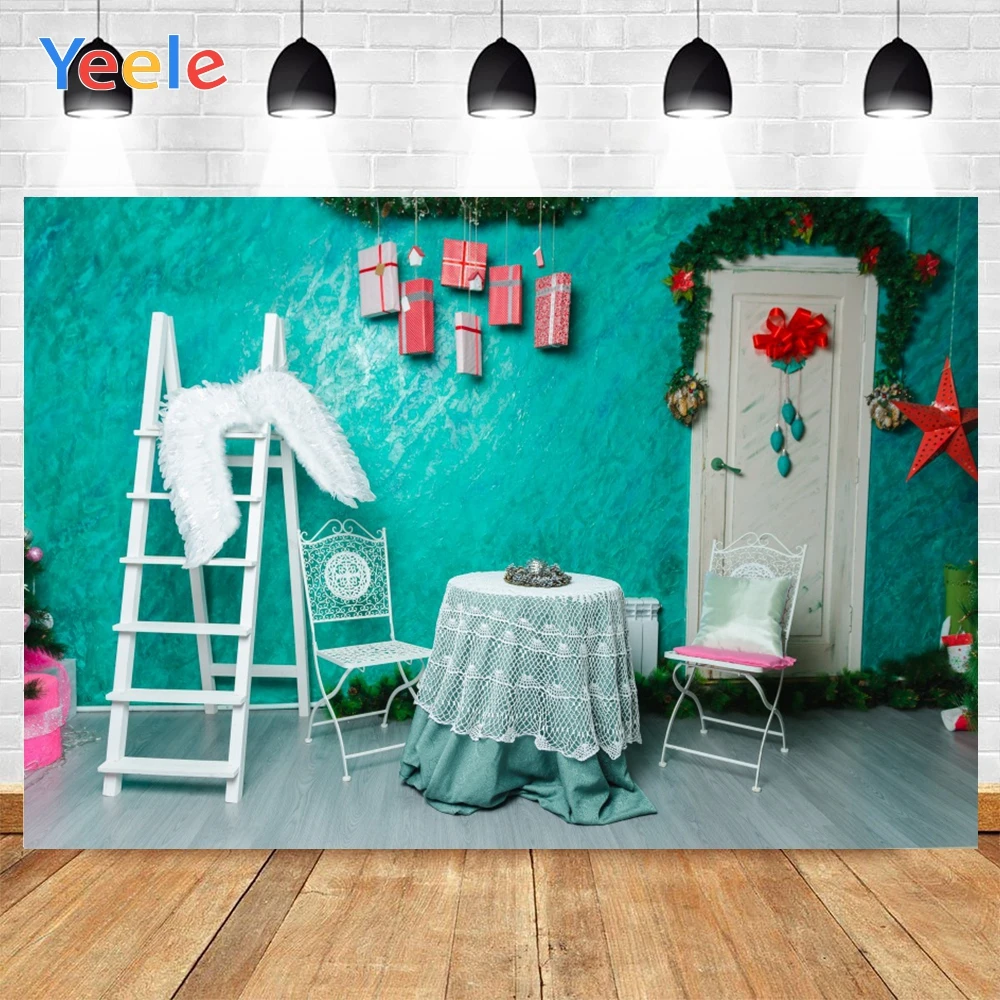 

Yeele Light Blue House White Door Ladder Gifts And Red Star Christmas Background Photophone Backdrops for Decor Customized Size