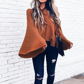 

JULY'S SMTWB 2020 New Women Pullovers Fashion O-neck Sweaters Flare Sleeve Autumn Solid Sweaters for Female Ladies Tops