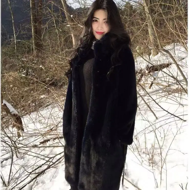 Женское пальто из искусственного меха,, повседневное, плюшевое, толстая, теплая, длинная, искусственная, зимняя куртка с отделкой из меха, пальто для женщин, плюс размер, casaco feminino chaqueta mujer - Цвет: Черный