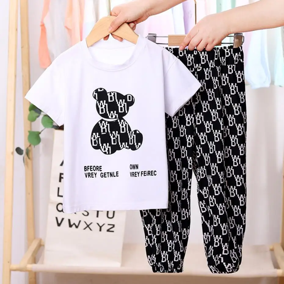 Kids Clothing Set Girls Boys Short Sleeves Love Bear Letter T-Shirt + Pants Baby Two-Piece Summer Fashion Korean Version Sportswear