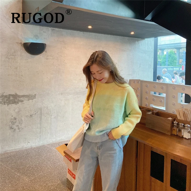 RUGOD, элегантный цветной свитер для женщин, мода, круглый вырез, длинный рукав, ВЯЗАННЫЙ ПУЛОВЕР, зимний теплый свитер