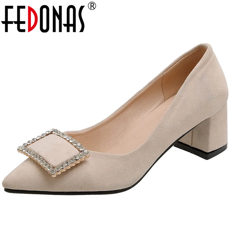 

FEDONAS New Arrival Women Pumps Spring New Rhinestone Suede Leather Retro Night Club Square Heeled 2020 Glitters Shoes Woman