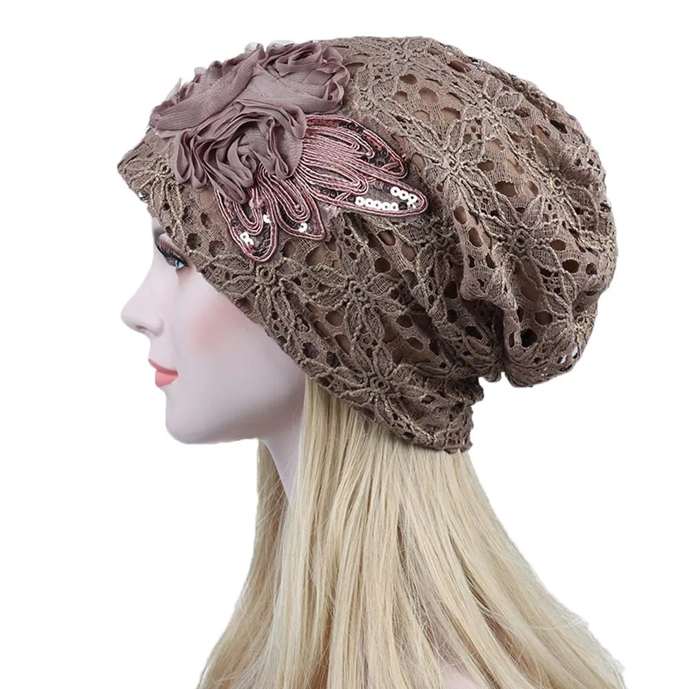 Женская обернутая шапка, шапки с кружевными цветами Skullies Beanies, громоздкая мешковатая шапка, шапка бини, осенняя зимняя повседневная химиотерапия Рак шапка