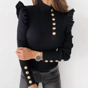 Image of Autumn Winter Women Long Sleeve Rib Blouse Turtleneck Buttons Ruffle Sweater