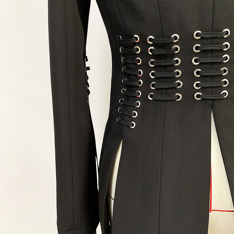 Высокая уличная мода, Женское пальто с металлическими отверстиями, с завязками, с кисточками, с длинным рукавом, с разрезом, на одной пуговице, черный, зубчатый, Женский блейзер, пиджак, костюм