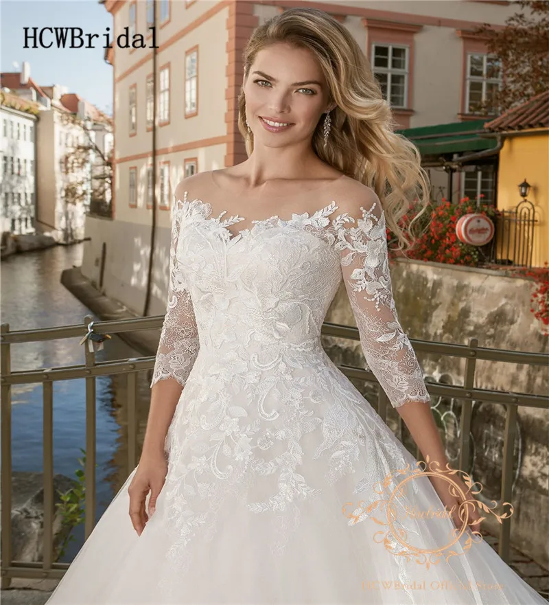 Vestido De Noiva/Новинка года; свадебные платья с рукавом 3/4; Великолепное Кружевное платье принцессы с коротким шлейфом; арабское платье невесты; Индивидуальный заказ