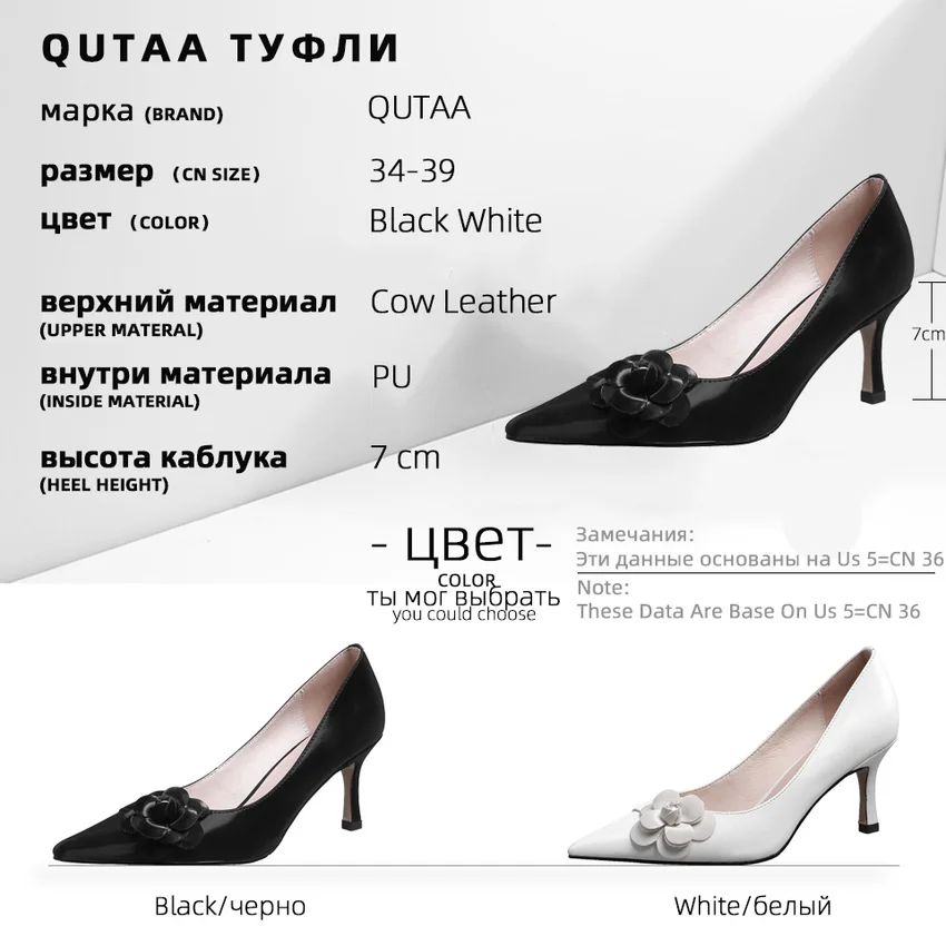 Женские туфли лодочки на шпильке QUTAA черные из воловьей кожи тонком высоком