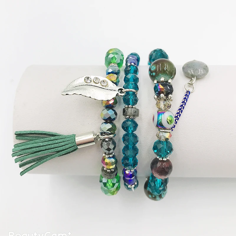 3 шт./компл. Мода Boho Кристалл Браслеты с подвесками для женщин листьев кисточкой DIY бисерный браслет дружбы ювелирные изделия подарок Pulseiras