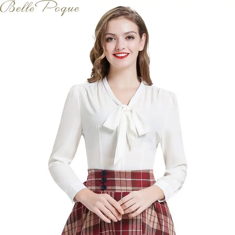 Belle Poque, черная офисная блузка со стоячим воротником, шифоновая, с бантом, для девушек, белые рубашки, одноцветные,, Осенние, с длинным рукавом, элегантные блузки