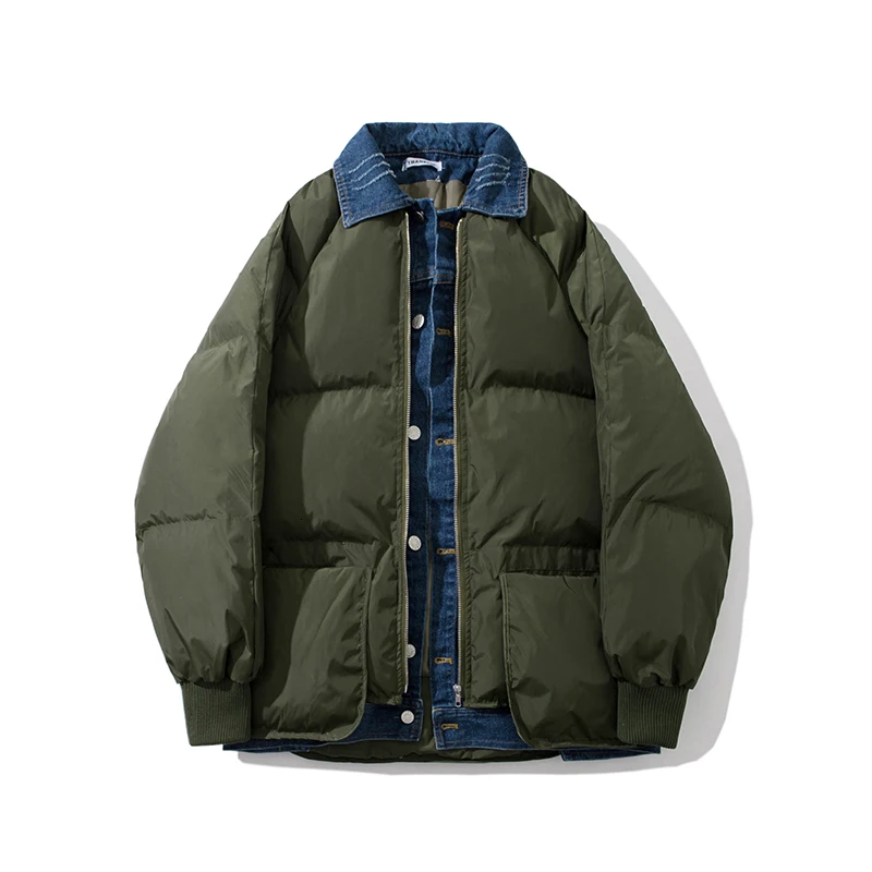 Army green Зимняя новая куртка мужская теплая Модная Джинсовая стеганая поддельная двойка повседневная куртка Мужская Уличная дикая свободная Хлопковая мужская одежда - Цвет: Army green