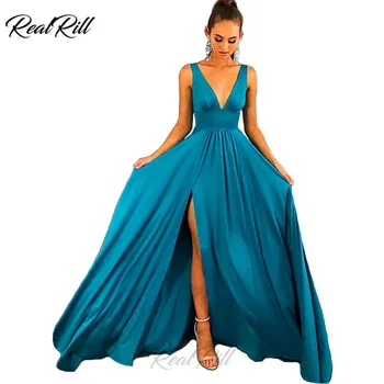 

Real Rill V Neck Evening Dress 2019 Lace Up Back Side Split Satin Floor Length A Line Long Dress Evening Gowns For Women