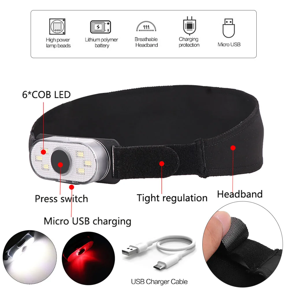 Мощный COB светодиодный налобный фонарь красный светильник головной светильник USB Перезаряжаемый водонепроницаемый головной светильник головной убор с зажимом головной светильник со встроенным аккумулятором