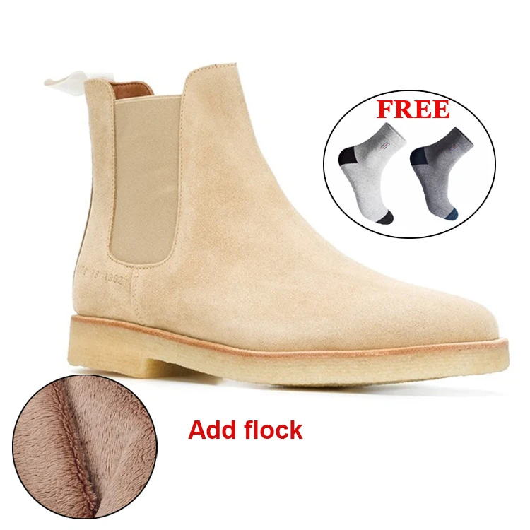 Khaki with Flock Роскошные Брендовые мужские ботинки ручной работы из коровьей кожи; сезон осень-зима; модные свадебные ботинки «Челси» с острым носком; винтажные мотоботы - Цвет: Khaki with Flock