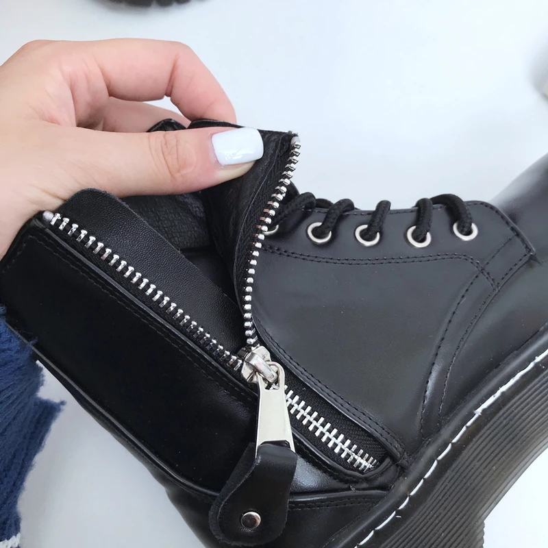RASMEUP/Женские зимние кожаные Ботинки martin г. Женские ботинки на плоской платформе байкерские теплые женские ботинки с массивным каблуком черного цвета