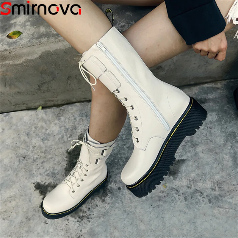 

Smirnova fashion new mid calf boots women round toe genuine leather boots cross tied ladies autumn winter flat platform boots