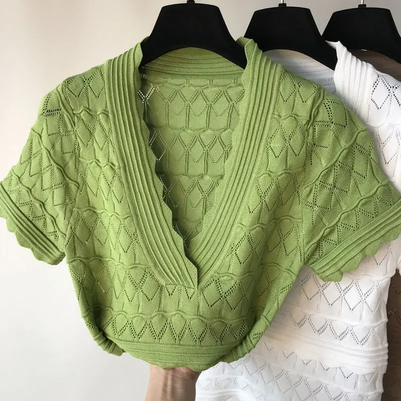 green Neploe, вязанные женские футболки, лето, модные, v-образный вырез, короткий рукав, женские футболки, повседневные, одноцветные, открытые, женские топы 44203 - Цвет: green