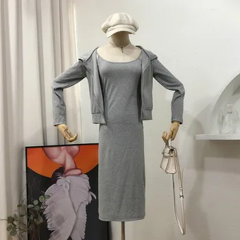 

New Spring Autumn Women's Sexy Two Piece Set Zipper Hoodie Jackets Cardigan + Solid Slim Sling Dresses 2 Piece Outfits for Lady