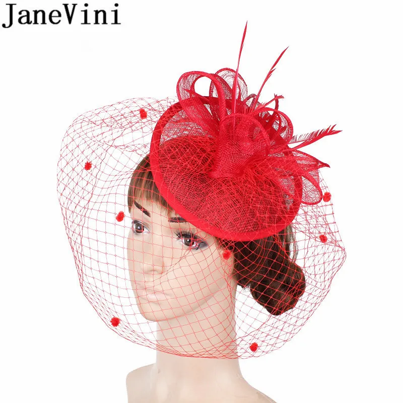 JaneVini, Британские женские свадебные шляпы и вуалетки для женщин, элегантные розовые птичьи перья для невесты, черная Свадебная шляпа с вуалью для лица