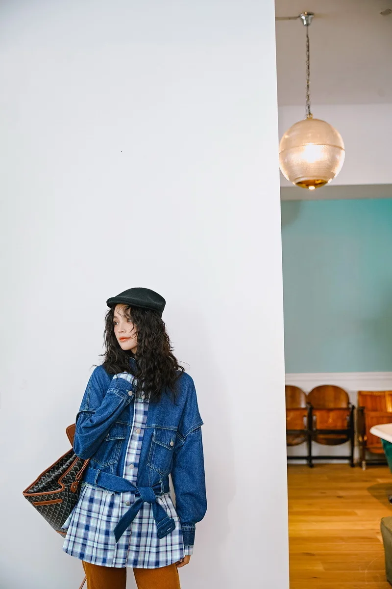 girl Fake Two-piece Shirt Denim Jacket Autumn And Winter New Original Design Women's Loose Plaid Coat Wild 19F-a569
