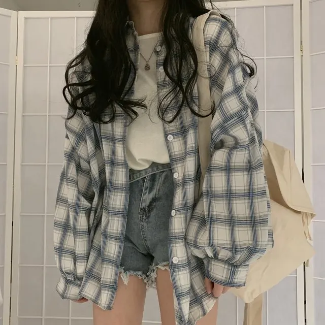 

Collar White Shirt Button Up Casual Tops Oversized Women Vintage Plaid Blouse Lantern Sleeve blouse party blouse women fashion