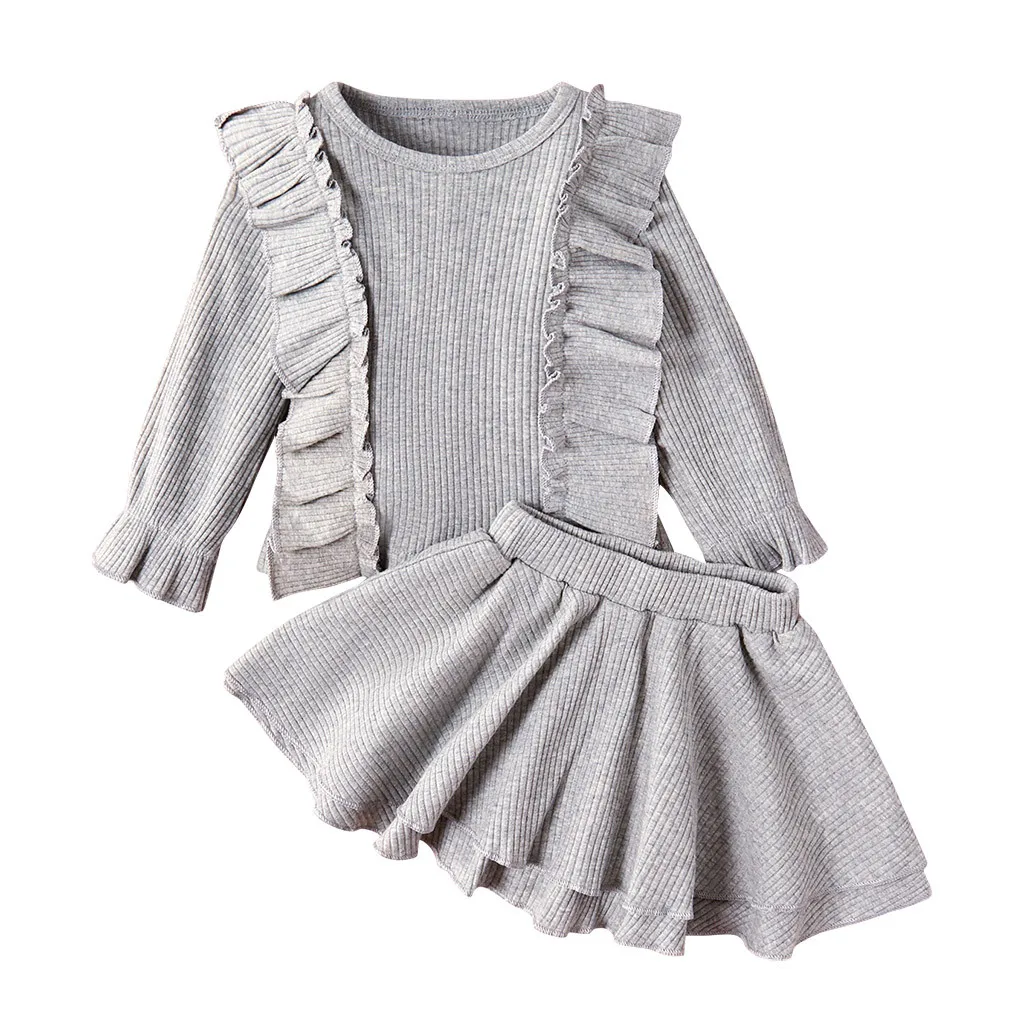 Коллекция года, Одежда для новорожденных девочек одноцветная одежда в рубчик детские топы с оборками+ юбка, комплект из 2 предметов, вязаный свитер, одежда для маленьких девочек - Цвет: Серый