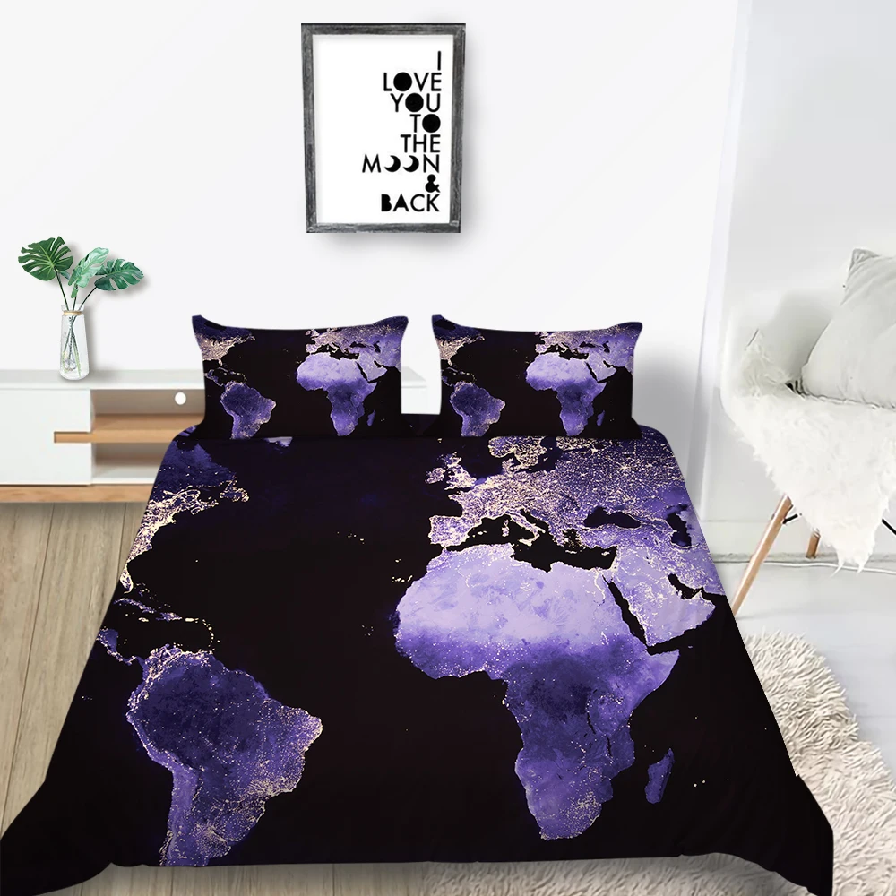 

Luxury Bedding Set King Size Fashionable 3D Purple World Map Duvet Cover Queen Twin Full Single Double Unique Design Bed Set