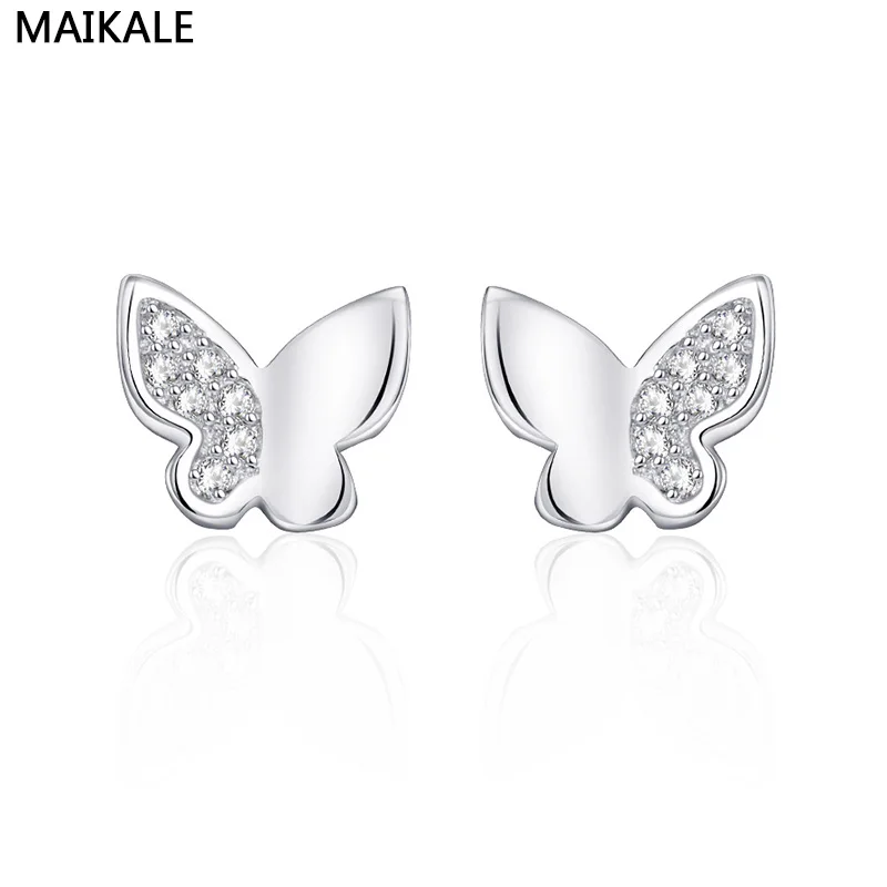 MAIKALE, корейские серьги, бабочка/Сердце/треугольные серьги, серебро, золото, цвет циркон, маленькие серьги-гвоздики, серьги в стиле панк для девочек