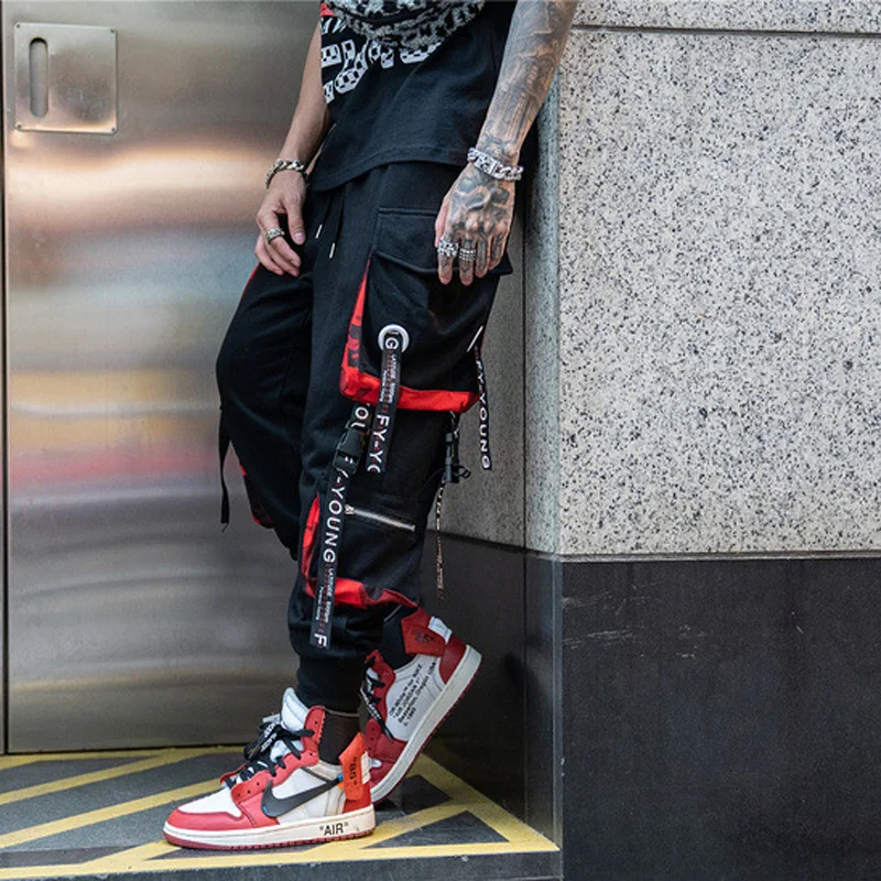 Fashion Mens Hip Hop Ribbons Cargo Pants Men Joggers Pants Streetwear Elastic Waist Pant Ribbons Cotton pantalones hombre