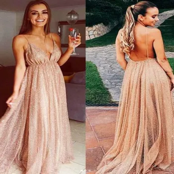 

Bling Sequins Long Evening Dress 2019 Turkey Sexy Backless Formal Prom Dresses Deep V Neck Women Party Gowns robe de soiree