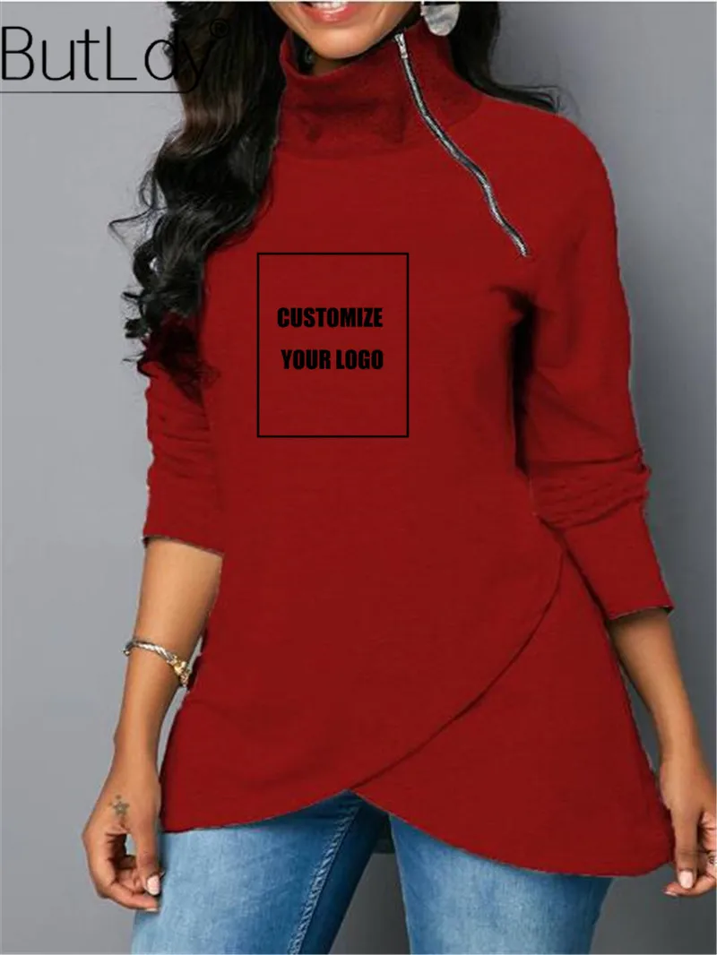 Женская толстовка на молнии с высоким воротником, с логотипом на заказ, с длинным рукавом, с капюшоном, Осень-зима, женские толстовки - Цвет: wine red logo