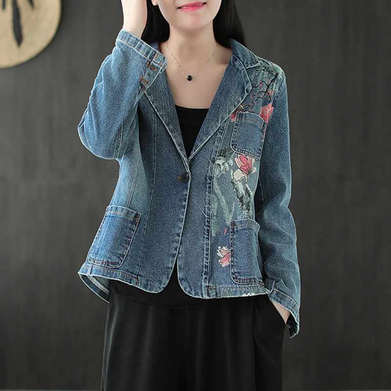Yalabovso Floral Jackets Ladies Vintage Loose Coats 2020 Fashion Korean Autumn Oversized Clothes Womens Denim Printed Blazers