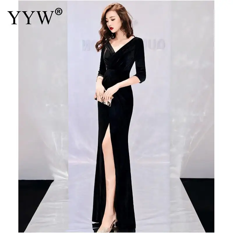 black Robe De Soiree, сексуальные велюровые вечерние платья, новинка, v-образный вырез, открытая спина, элегантные, зима-осень, вельветовые вечерние платья, женские вечерние платья - Цвет: black