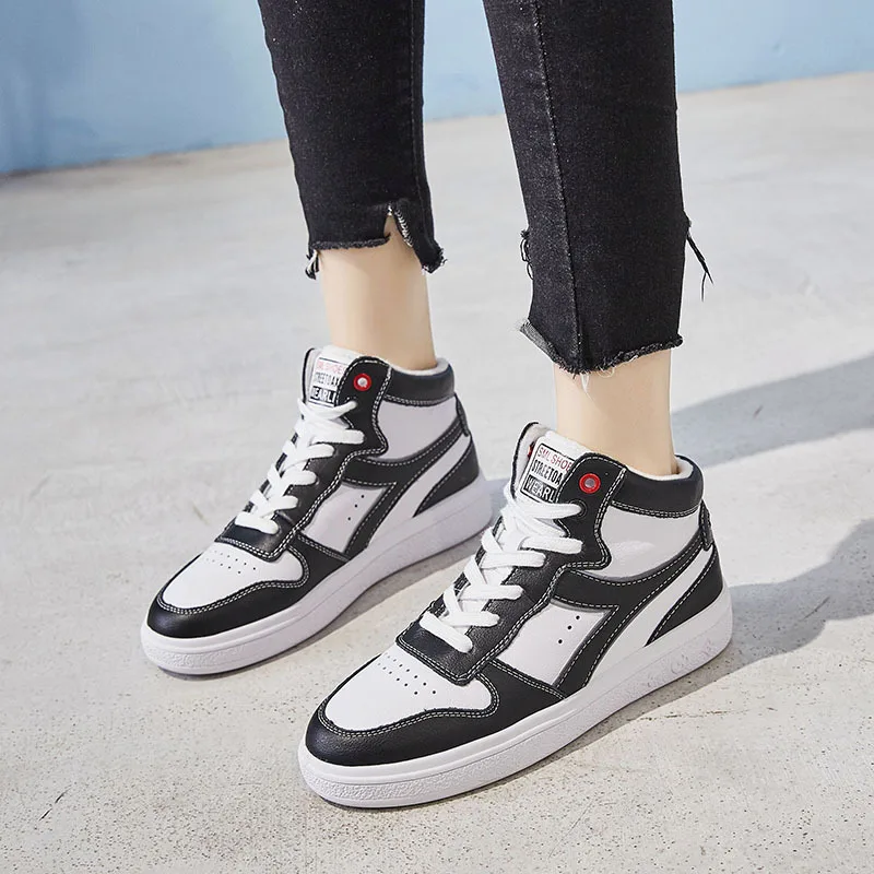 

Sneakers Woman Spring 2020 Casual Trainers For Girls Leather Flat Calzado Damen Shoes Black and White Lace Up Sneakers