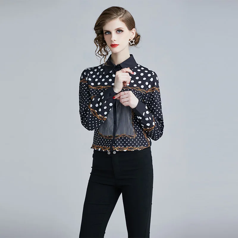 

Fashion new ladies printed slim long sleeve Joker lapel shirt