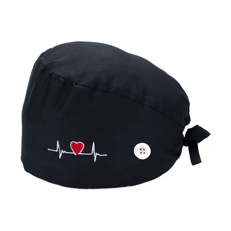 37 Colors Unisex Adjustable Working Scrub Cap with Protect Ears Button Electrocardiogram Embroidery Floral Print 