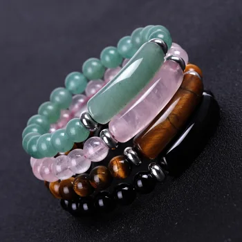 

Colorful Natural Stone Strand Yoga Beads Bracelet Reiki Healing Rosequartz Aventurine Agates Rectangle Bar Charms Bracelets