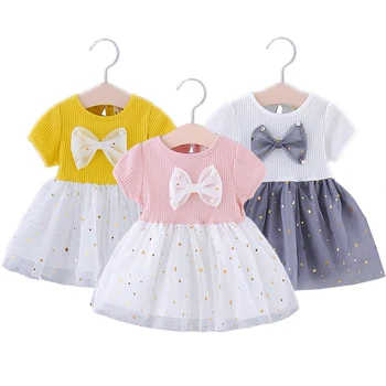 

3 Colors Cute Bow Princess Baby Dresses Shining Star Sequins Mesh Girls Dress Casual Summer Dress 0-4 Year Old Baby Girl Clothes