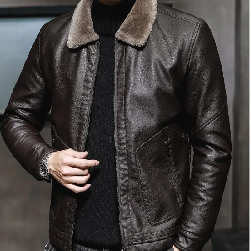 

Middle-aged MEN'S Leather Coat Autumn And Winter Middle-aged Leather Jacket Coat Brushed And Thick