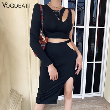 

Women Hollow Out 2 Piece Set Midi Dress Crop Top 2020 Summer Sexy One Shoulder Bodycon Clothes Streetwear Outfit Club