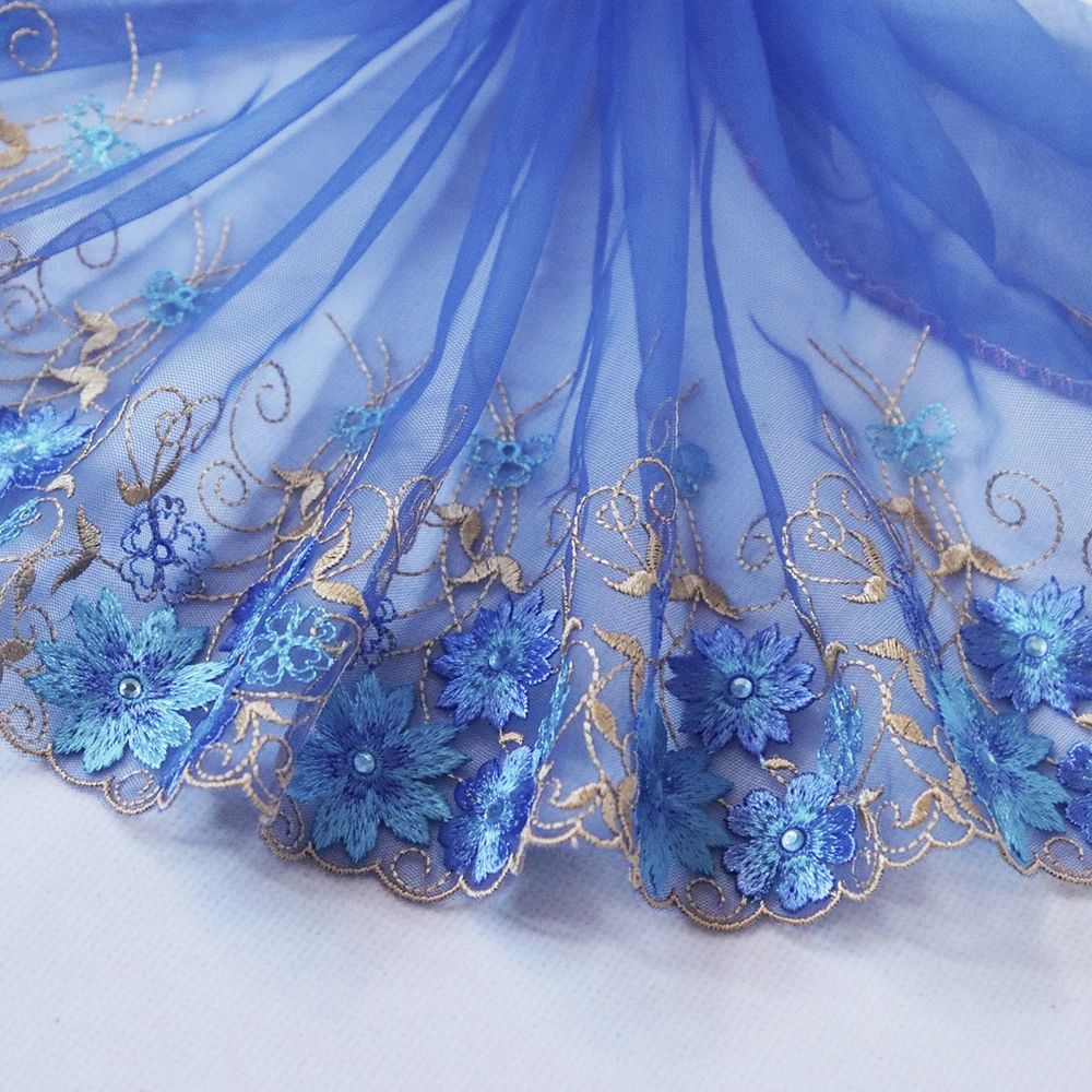 1meter 22cm Wide Blue Mesh flowers with Rhinestone embroidered lace trim Lingerie bra Dress Sleeve decoration DIY Lace Fabrics | Дом и сад