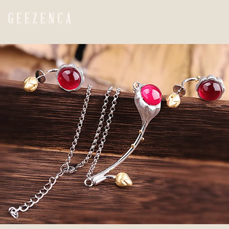 jewelry sets 925 Sterling Silver Gemstone Corundum Jewelry Set With Necklace Stud Earrings Handmade Craft Lotus Flower Bud Fine Jewelry Women - Цвет камня: jewelry sets