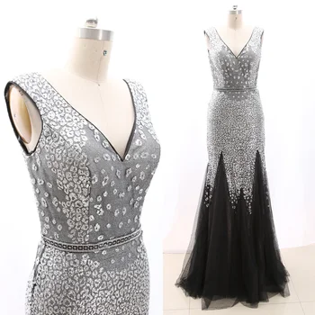 

MACloth Silver Mermaid V Neck Floor-Length Long Crystal Tulle Prom Dresses Dress M 267996 Clearance