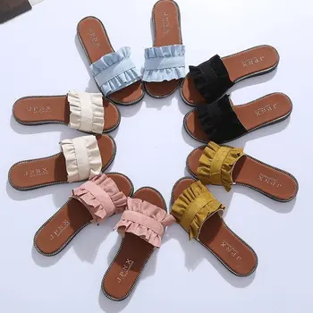 

New Summer Women Slippers Peep Toe Solid Outdoor Pleated Ladies Shoes Flat Fashion Sweet Comfortable Female Footwear