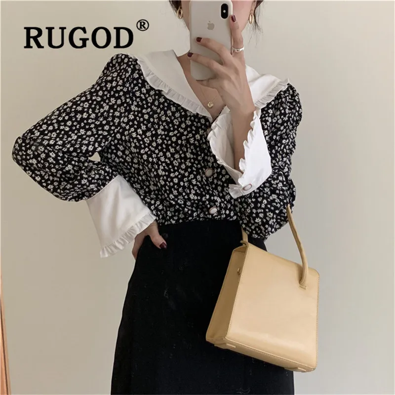 RUGOD Autumn Winter New Style Chic Vintage Ruffle Floral Blouse Turndown Collar Shirt Loose Long-sleeve Kpop Clothes |