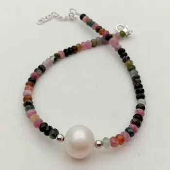 

Natural Rainbow Faceted Rondelle Tourmaline White Pearl Bracelet Silver Clasp