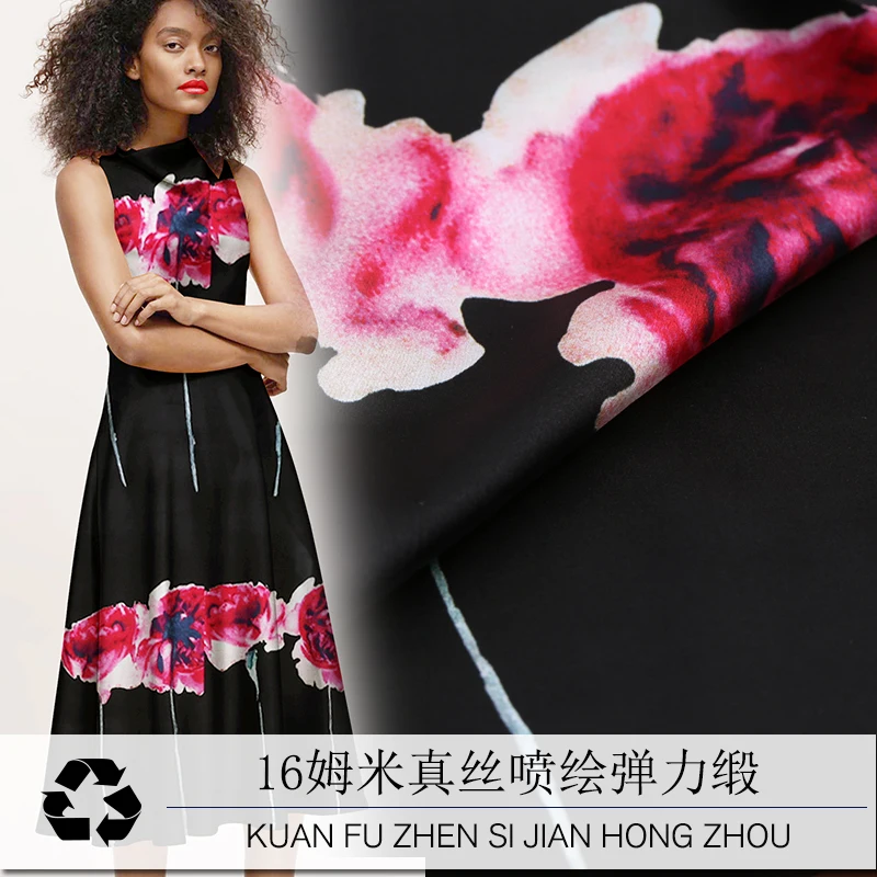 

19 New 106cm Width 19 Momme 93%silk 7%spandex Brand Design Printed Charmeuse Fabric for Women Cheongsam Diy Sewing Free Shipping