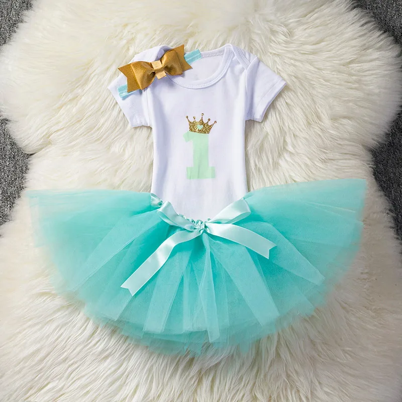 Платье-пачка для дня рождения для маленьких девочек 1 год+ повязка на голову, одежда принцессы для новорожденных платье на первое крестины, платье с единорогом для малышей - Цвет: Green