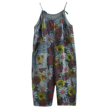 

Loose Women Overalls Denim Jumpsuit Wide Leg Pants Summer Ladies Casual Pocket Vintage Print Floral Jeans Dungarees Club Romper