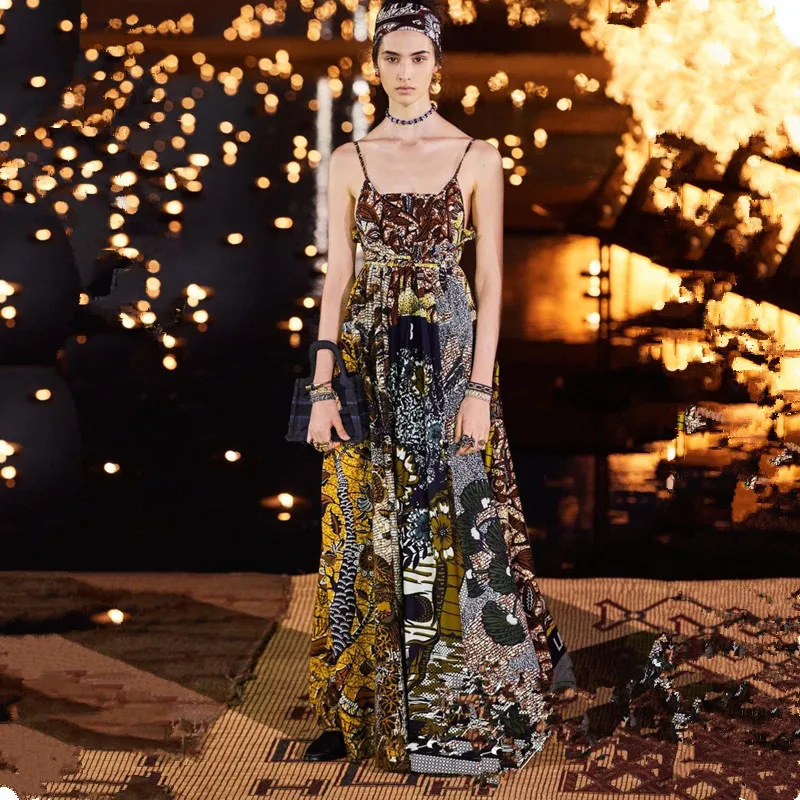 

2020 Runway Dress Women VIntage Animal Print Pattern Strapless Long Summer Backless Sexy Spaghetti Strap Party Club dress