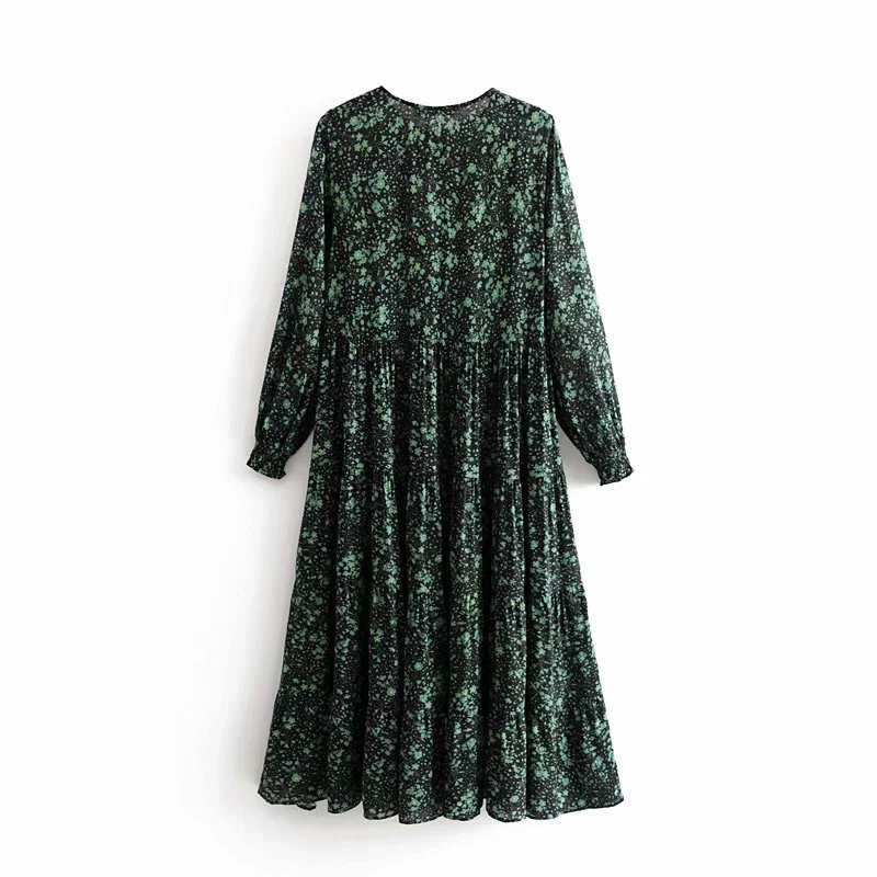 Летнее женское платье повседневное свободное с длинными рукавами с круглым вырезом Плиссированное Цветочное платье с принтом, платье